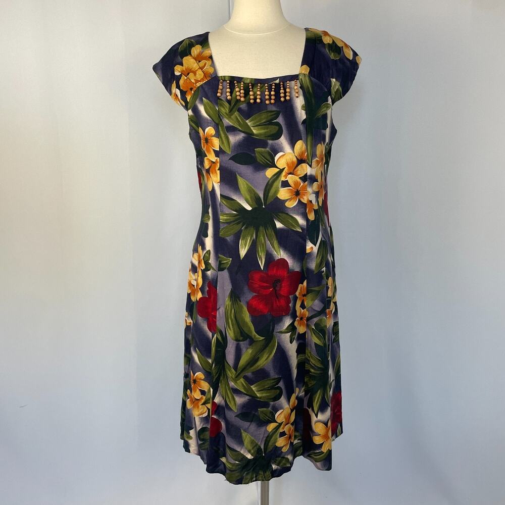Vintage Dress Size 14 Blue Tropical Floral Hawaii Beach Open Back Beaded 90s - Picture 2 of 15